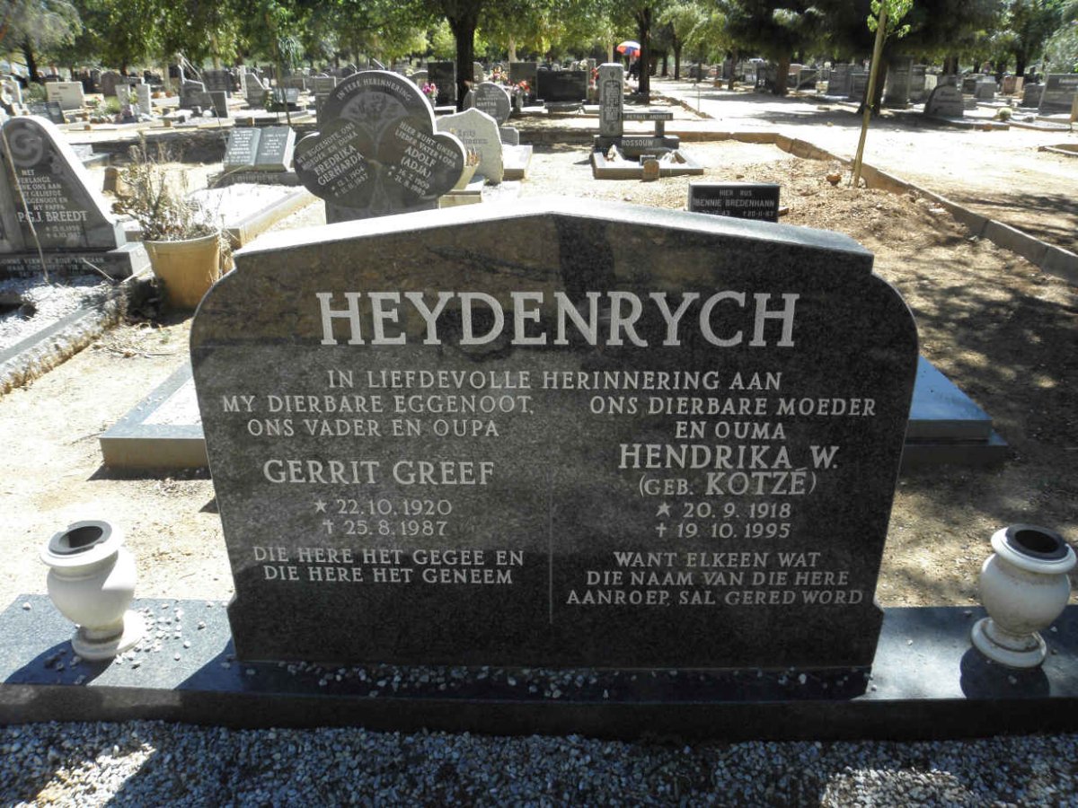 HEYDENRYCH Gerrit Greeff 1920-1987 &amp; Hendrika W. KOTZÈ 1918-1995