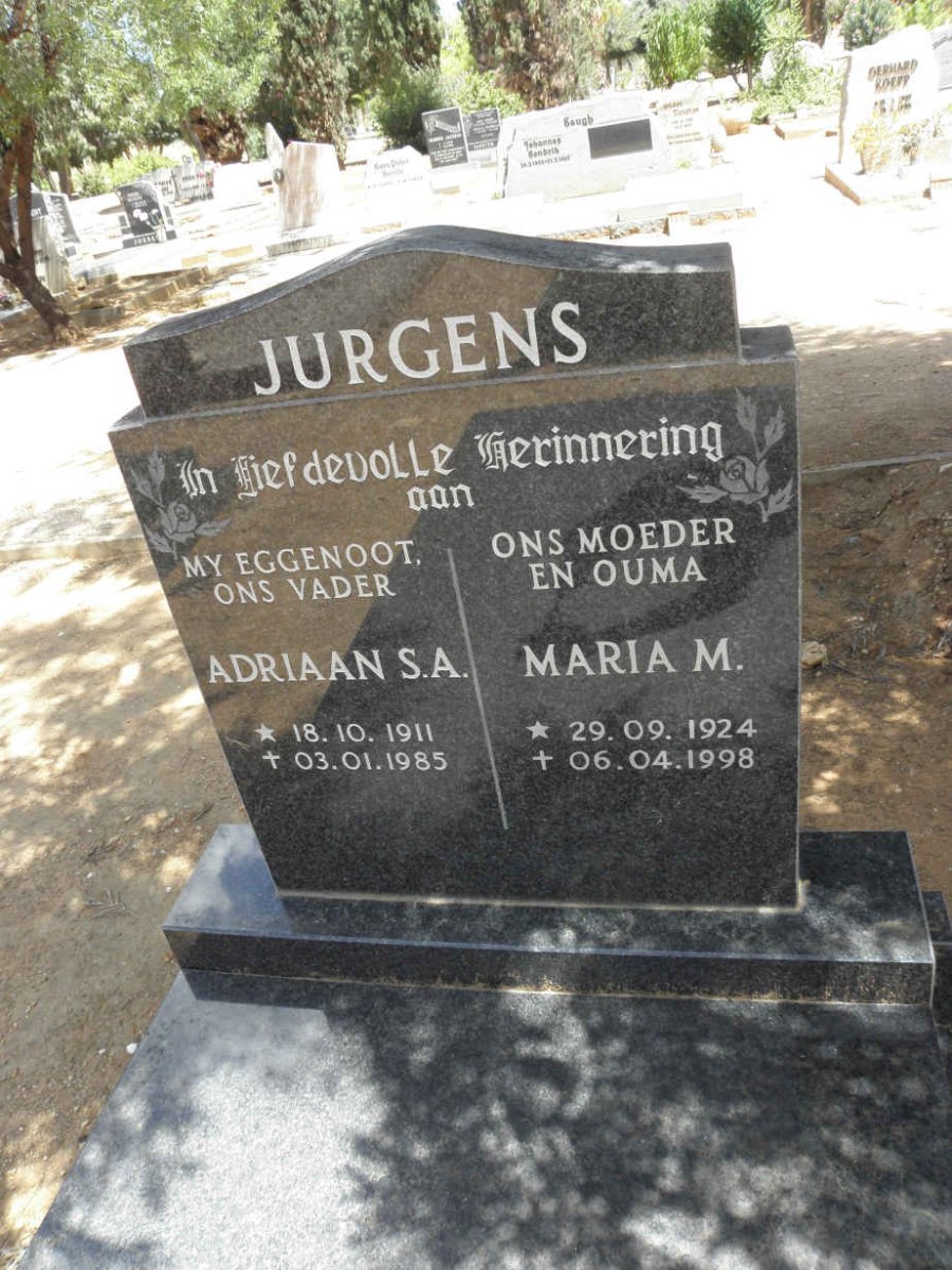JURGENS Adriaan S.A. 1911-1985 &amp; Maria M. 1924-1998