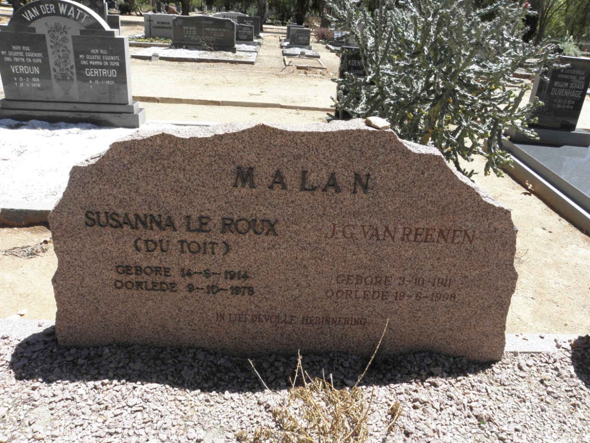 MALAN J.G. Van Reenen 1911-1998 &amp; Susanna Le Roux DU TOIT 1914-1978