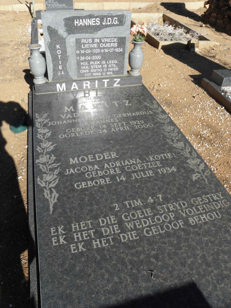 MARITZ Johannes David Gerhardus 1929-2000 &amp; Jacoba Adriana COETZEE 1934-