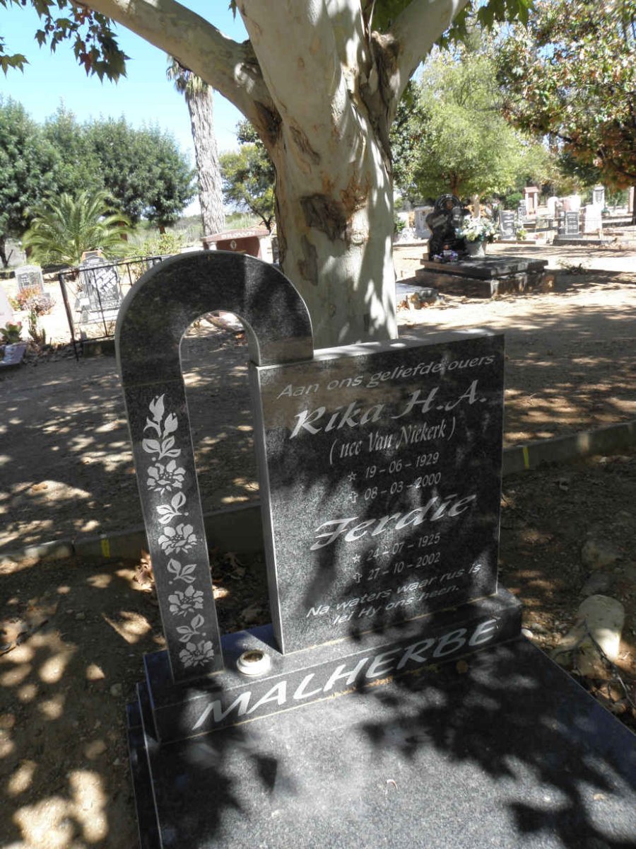 MALHERBE Ferdie 1925-2002 &amp; Rika H.A. VAN NIEKERK 1929-2000
