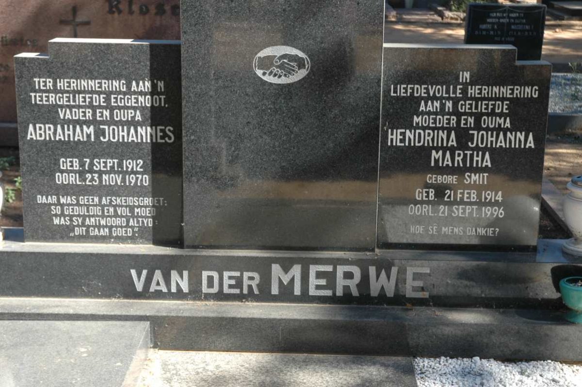 MERWE Abraham Johannes, van der 1912-1970 &amp; Hendrina Johanna Martha SMIT 1914-1996