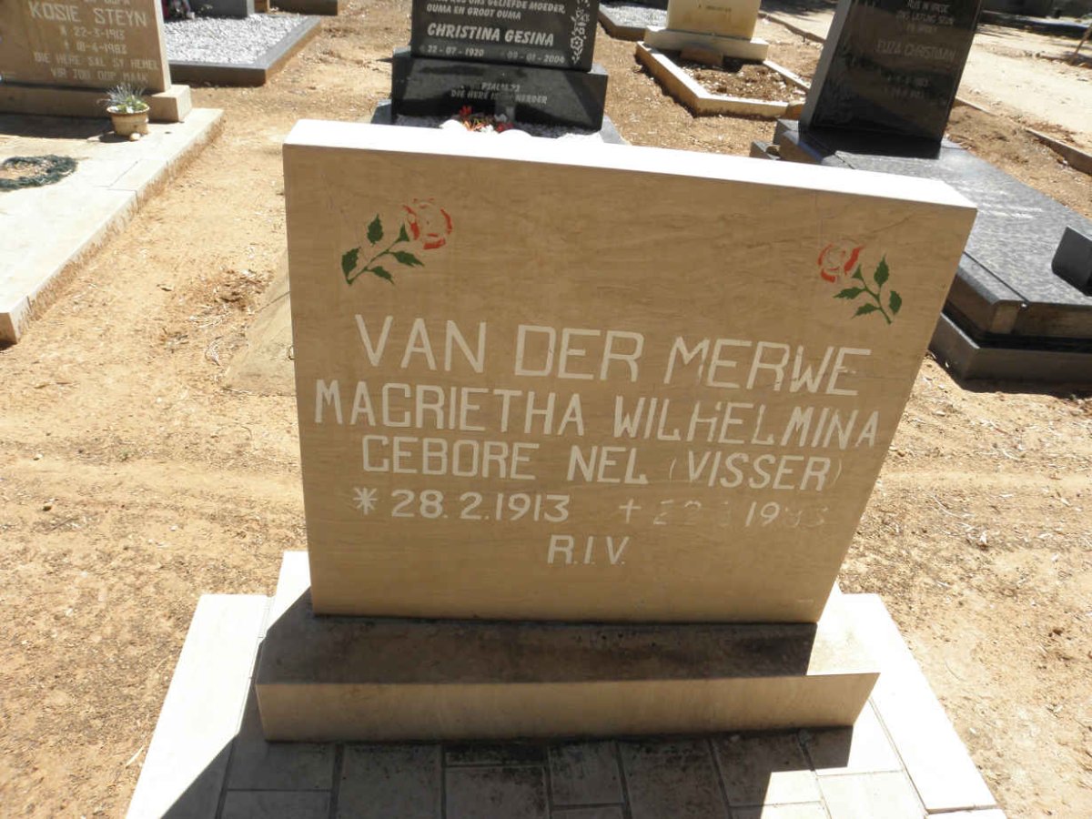 MERWE Magrietha Wilhelmina, van der nee NEL previously VISSER 1913-1983