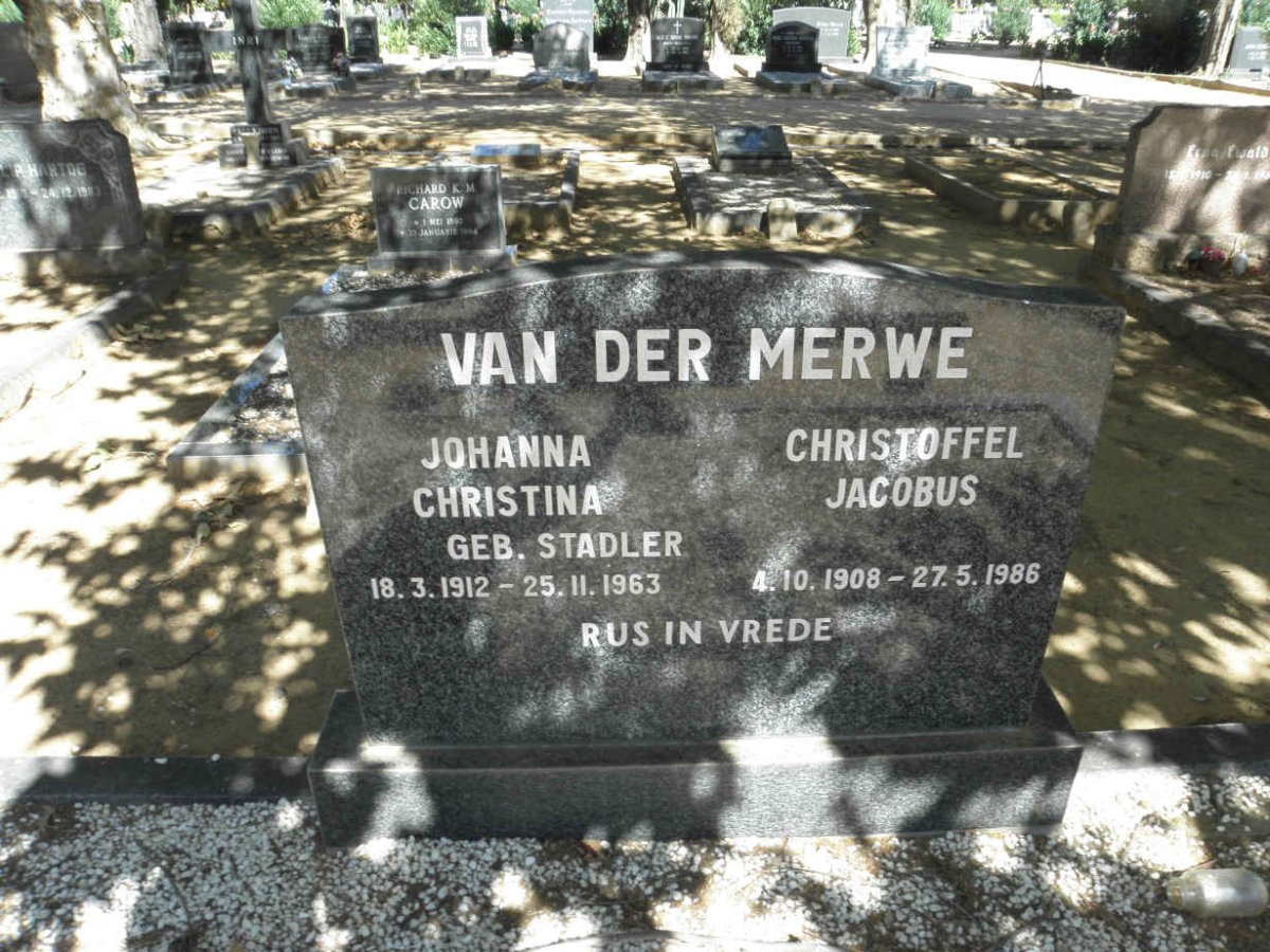 MERWE Christoffel Jacobus, van der 1908-1986 &amp; Johanna Christina STADLER 1912-1963