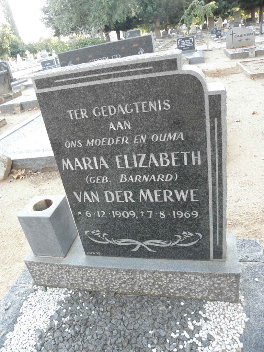 MERWE Maria Elizabeth, van der nee BARNARD 1909-1969
