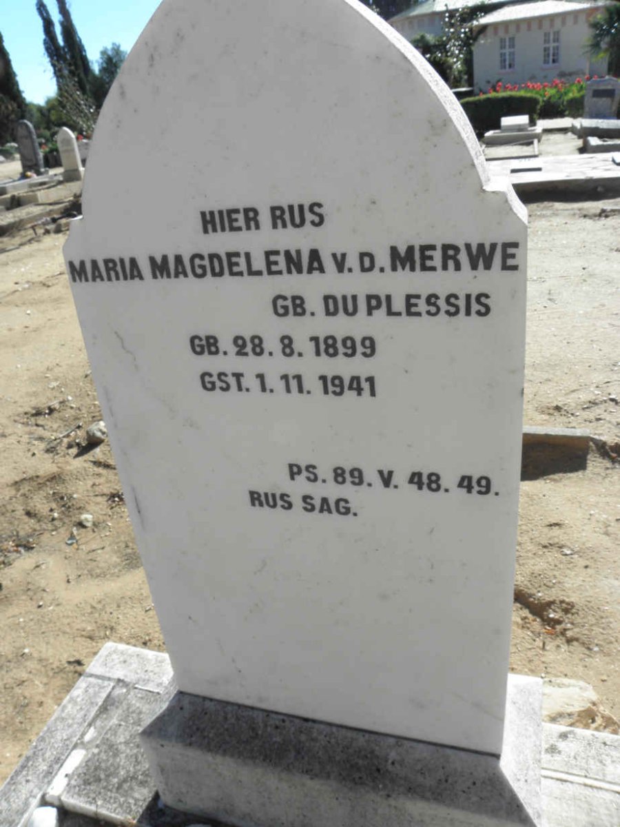 MERWE Maria Magdelena, v.d. nee DU PLESSIS 1899-1941