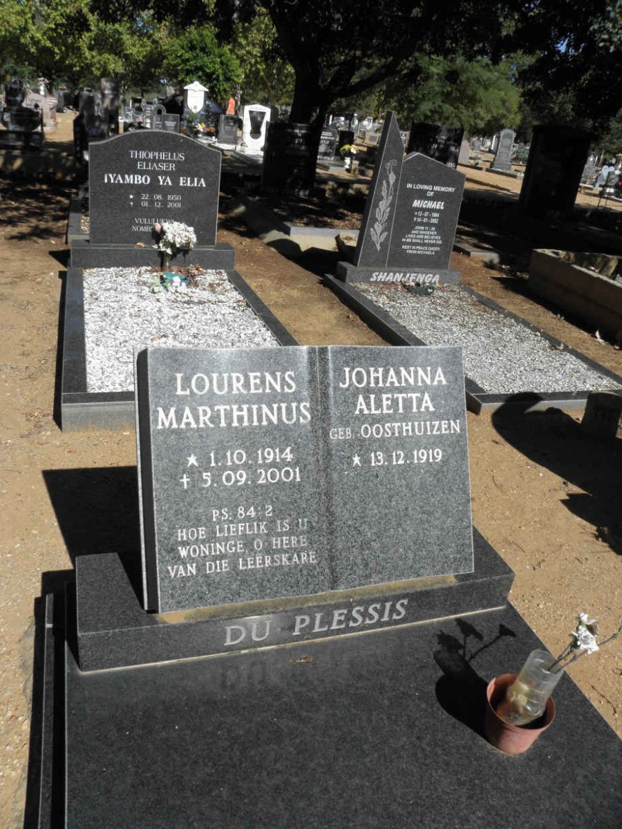 PLESSIS Lourens Marthinus, du 1914-2001 &amp; Johanna Aletta OOSTHUIZEN 1919-