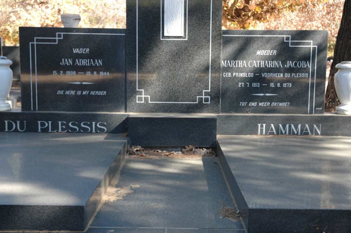 PLESSIS Jan Adriaan, du 1908-1944 &amp; Martha Catharina Jacoba HAMMAN voorheen DU PLESSIS nee PRINSLOO 1913-1973