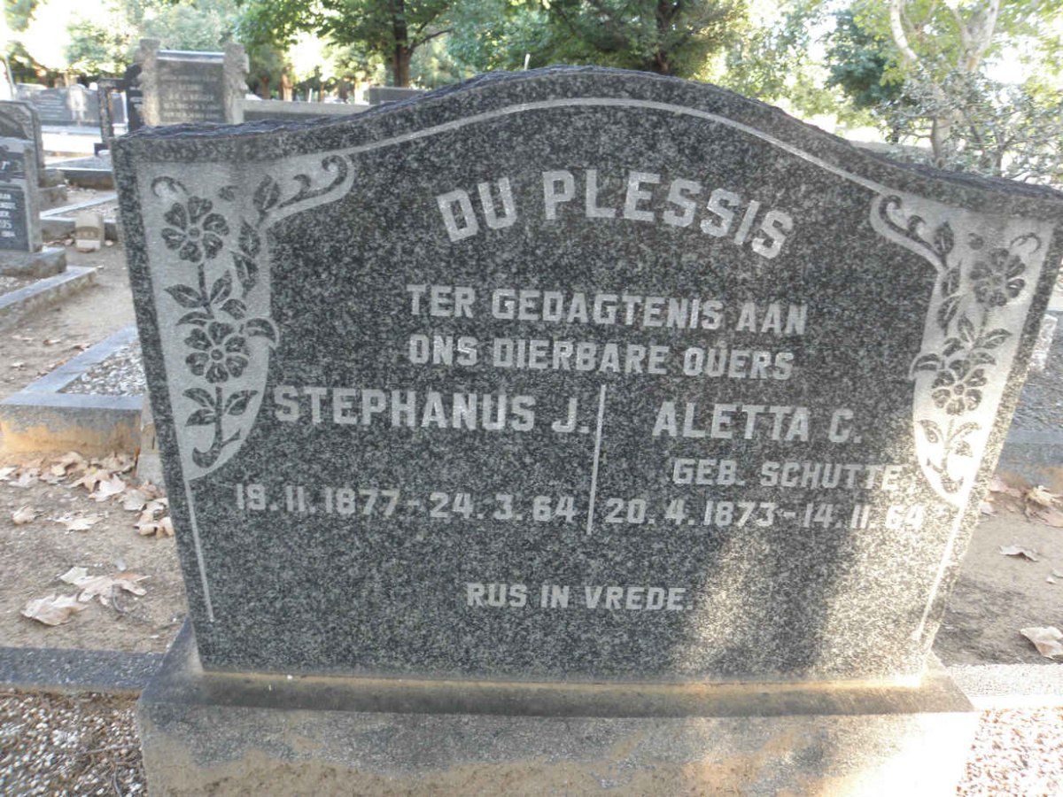 PLESSIS Stephanus J., du 1877-1964 &amp; Aletta C. SCHUTTE 1873-1964