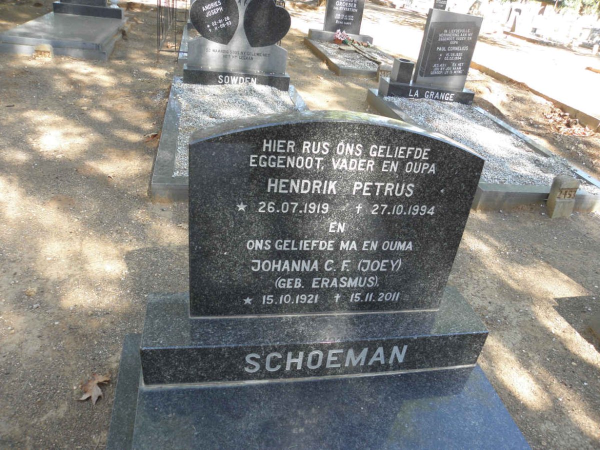 SCHOEMAN Hendrik 1919-1994 &amp; Johanna C.F. ERASMUS 1921-2011