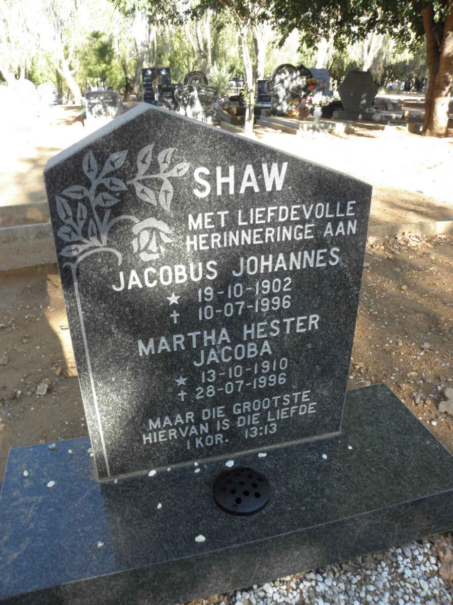 SHAW Jacobus Johannes 1902-1996 &amp; Martha Hester Jacoba 1910-1996