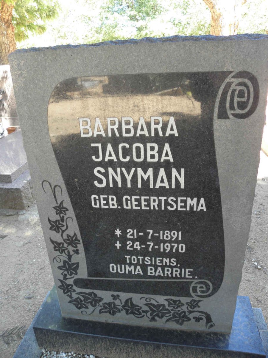 SNYMAN Barbara Jacoba nee GEERTSEMA 1891-1970