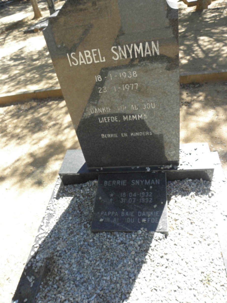 SNYMAN Berrie 1932-1992 &amp; Isabel 1938-1977