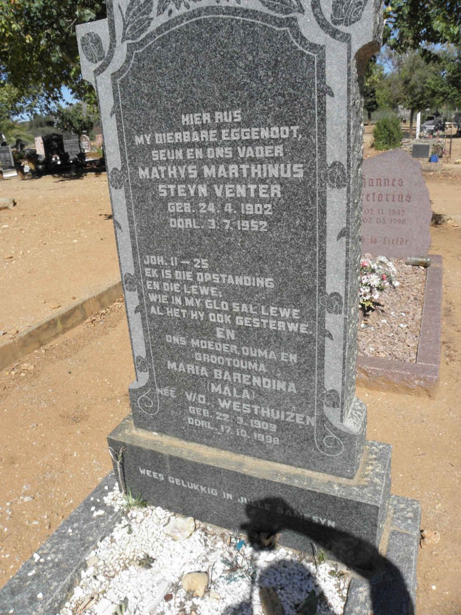 VENTER Mathys Marthinus Steyn 1902-1952 &amp; Maria Barendina V.D WESTHUIZEN 1909-1998