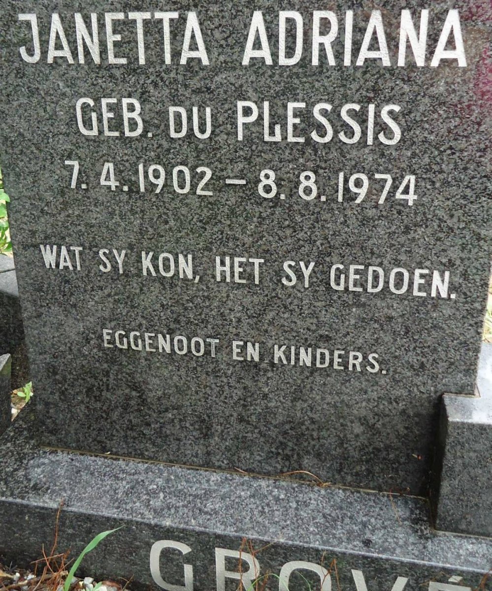 GROVE Janetta Adriana nee DU PLESSIS 1902-1974
