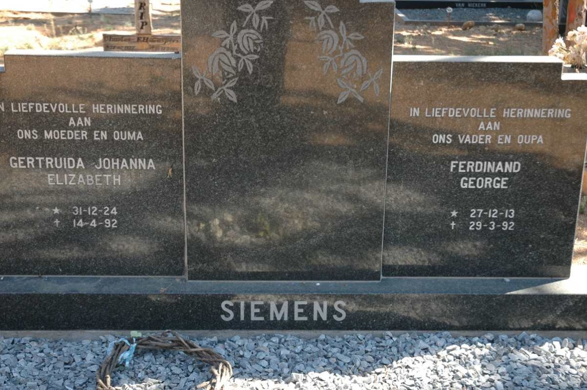 SIEMENS Ferdinand George 1913-1992 &amp; Gertruida Johanna Elizabeth 1924-1992