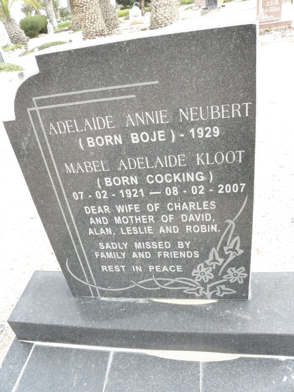 NEUBERT Adelaid Annie nee BOJE -1929 :: KLOOT Mabel Adelaide nee COCKING 1921-2007