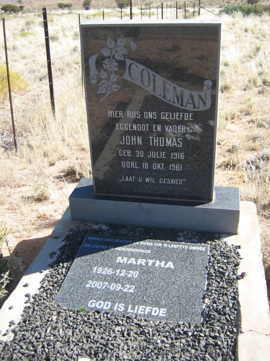 COLEMAN John Thomas 1916-1961 &amp; Martha 1926-2007