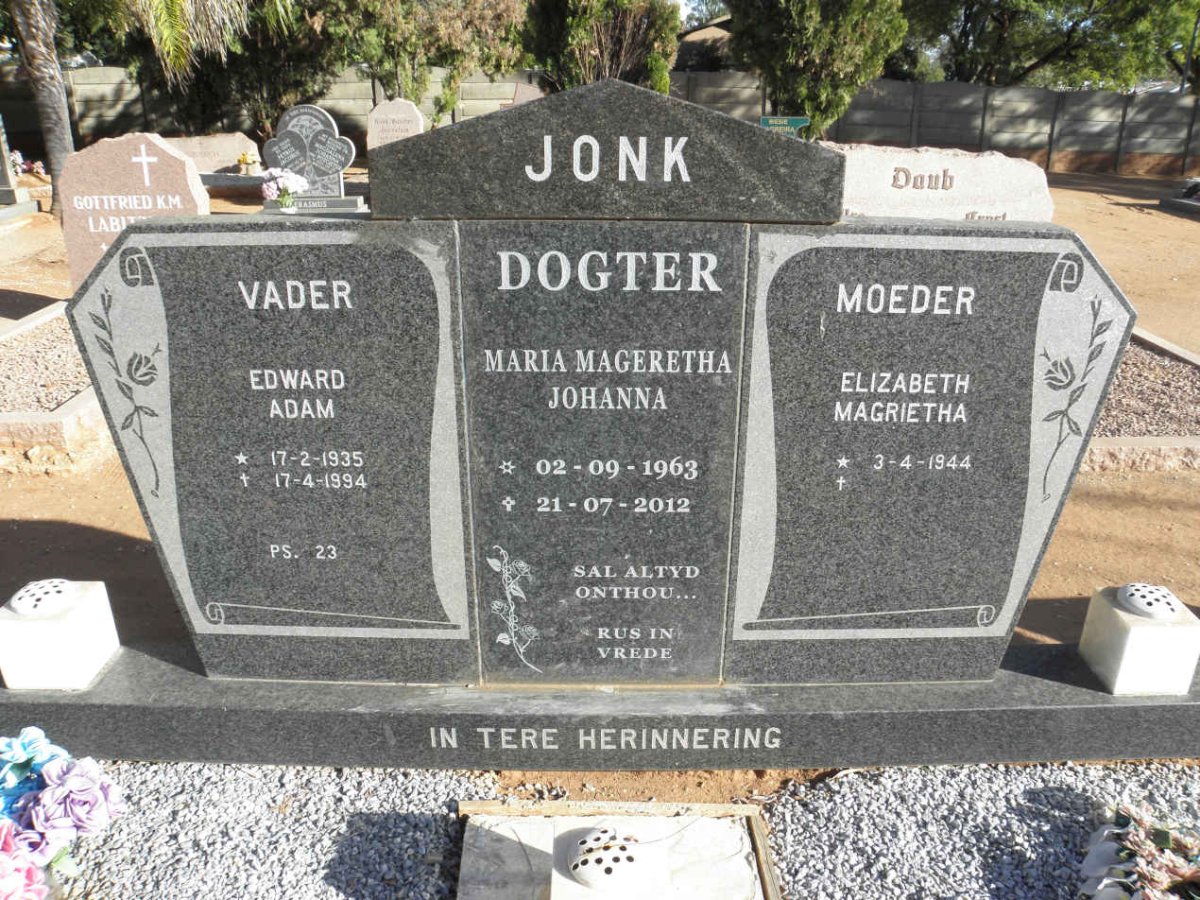JONK Edward Adam 1935-1994 &amp; Elizabeth Magrietha 1944- :: JONK Maria Mageretha Johanna 1963-2012