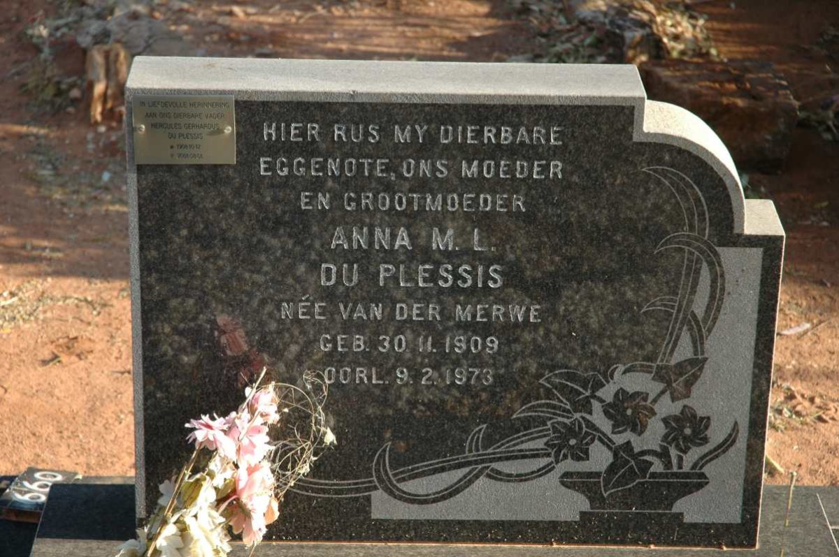 PLESSIS Anna M.L., du nee VAN DER MERWE 1909-1973