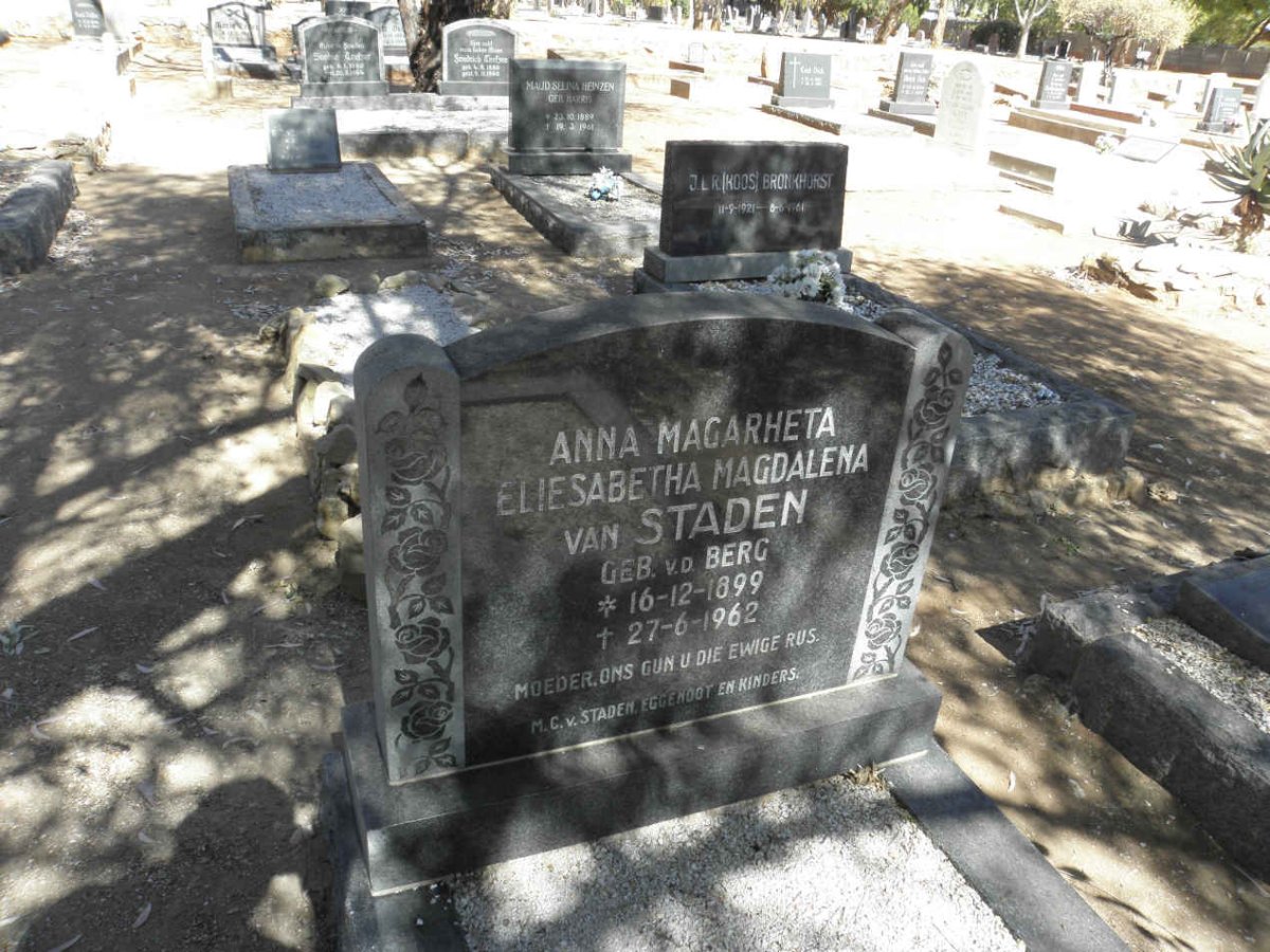 STADEN Anna Magaretha Eliesabetha Magdalena, van nee V.D. BERG 1899-1962