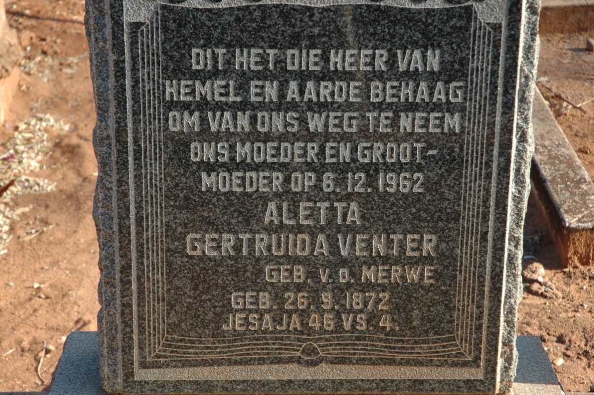 VENTER Aletta Gertruida, nee V.D.MERWE 1872-1962