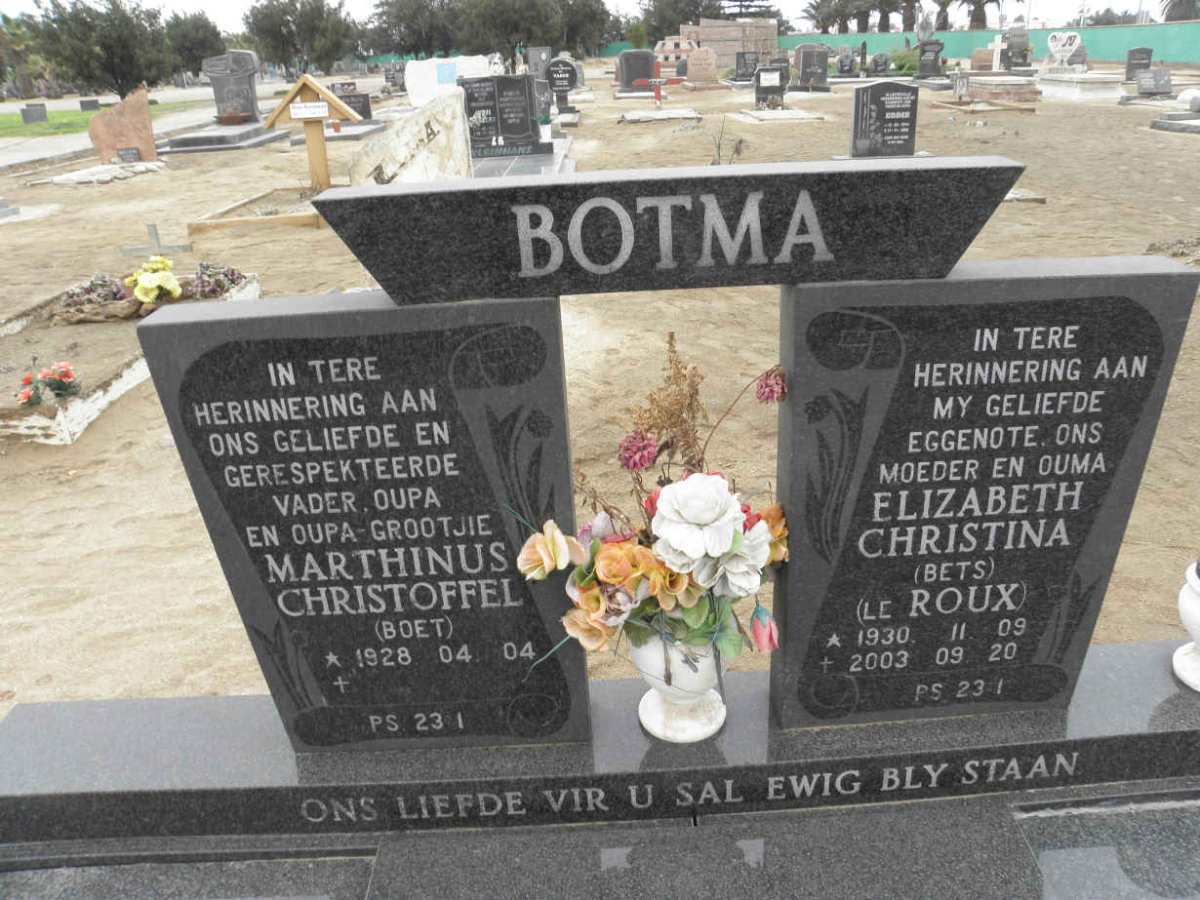 BOTMA Marthinus Christoffel 1928- &amp; Elizabeth Christina LE ROUX 1930-2003