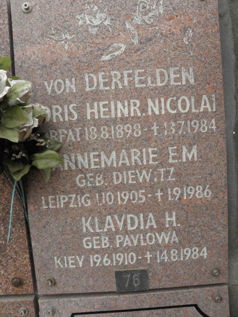 DERFELDEN Boris Heinrich Nicolai, von 1898-1984 &amp; Annemarie E.M. DIEWITZ 1905-1986  :: VON DERFELDEN Klaydia H. nee PAVLOWA 