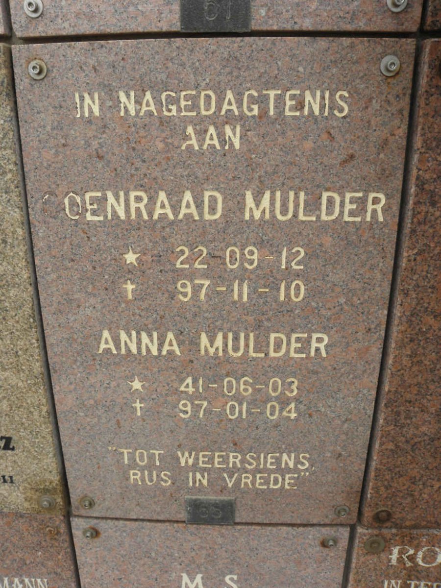 MULDER Coenraad 1922-1997 &amp; Anna 1941-1997