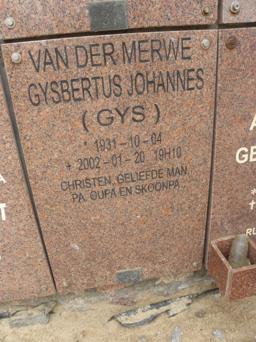 MERWE Gysbertus Johannes, van der 1931-2002