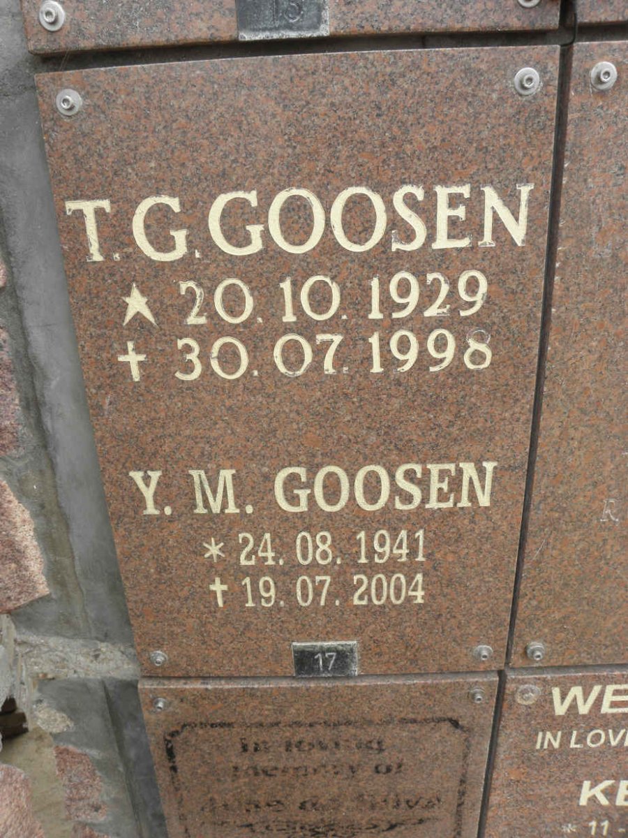 GOOSEN T.G. 1929-1998 &amp; Y.M. 1941-2004