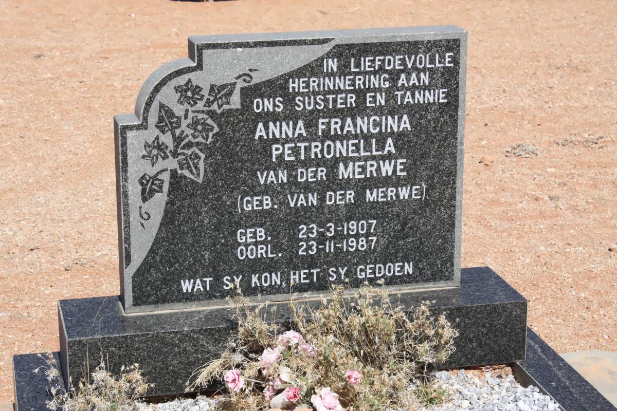 MERWE Anna Francina Petronella, van der nee VAN DER MERWE 1907-1987