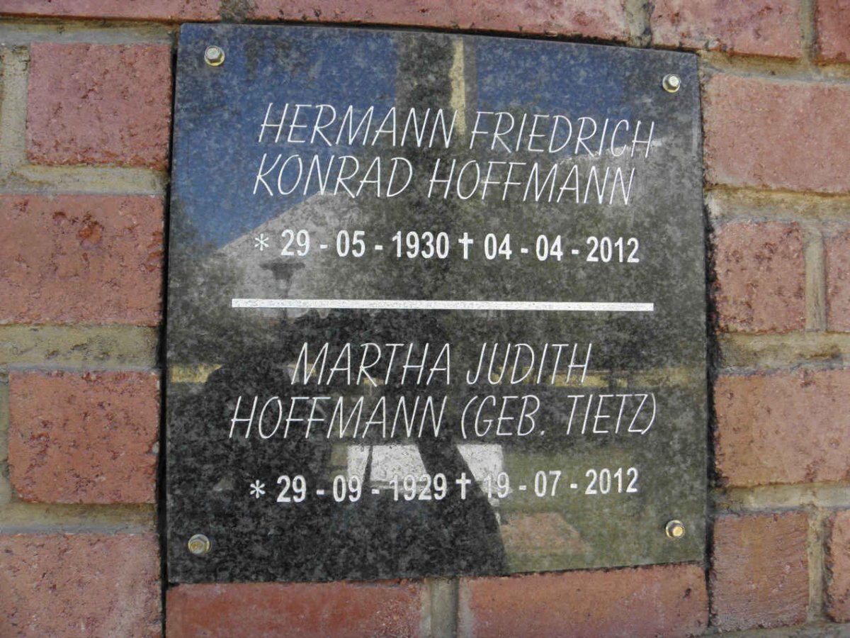 HOFFMANN Hermann Friedrich Konrad 1930-2012 &amp; Martha Judith TIETZ 1929-2012