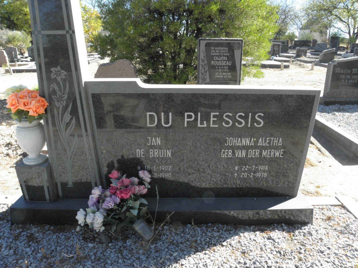 PLESSIS Jan de Bruin, du 1902-1980 &amp; Johanna Aletha VAN DER MERWE 1914-1978