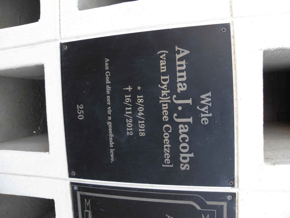 JACOBS Anna J. voorheen VAN DYK nee COETZEE 1918-2012