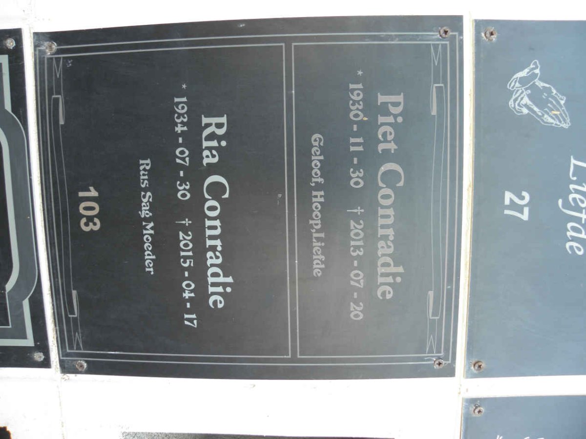 CONRADIE Piet 1930-2013 &amp; Ria 1934-2015