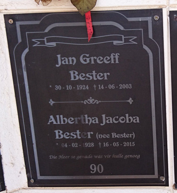 BESTER Jan Greeff 1924-2003 &amp; Albertha Jacoba BESTER 1928-2015