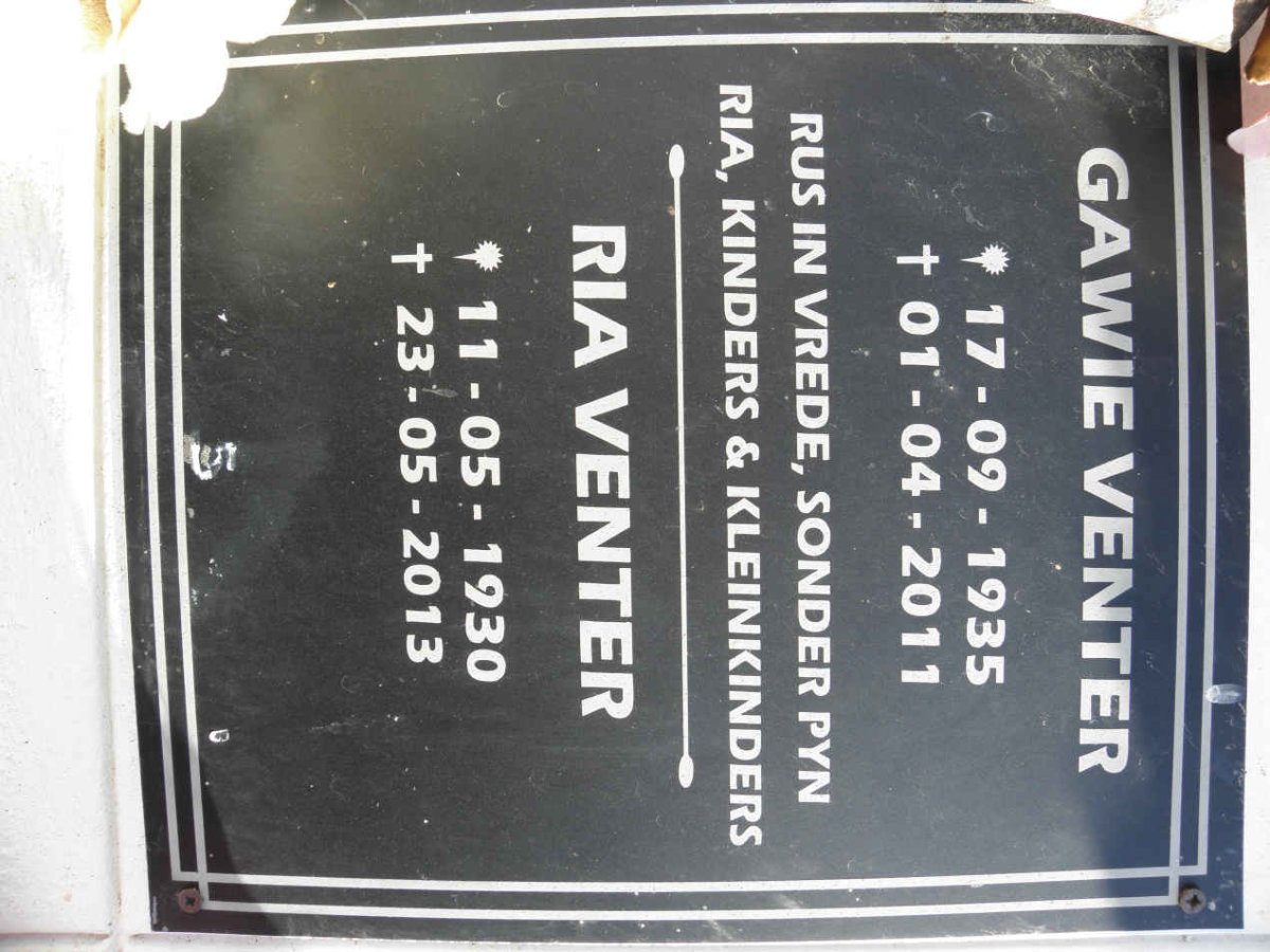 VENTER Gawie 1935-2011 &amp; Ria 1930-2013
