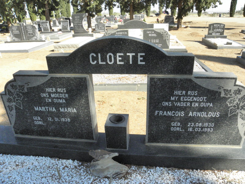 CLOETE Francois Arnoldus 1930-1993 &amp; Martha Maria 1938-