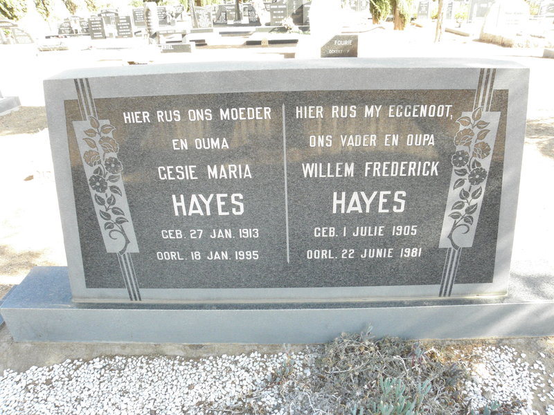 HAYES Willem Frederick 1905-1981 &amp; Gesie Maria 1913-1995