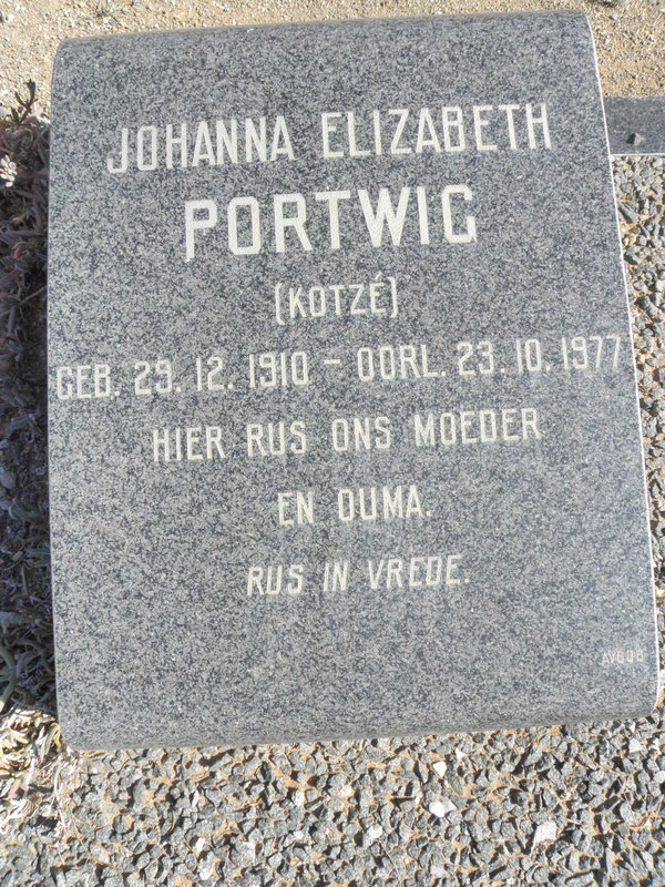 PORTWIG Johanna Elizabeth nee KOTZÉ 1910-1977