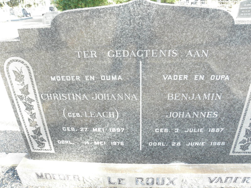 ROUX Benjamin Johannes, le 1887-1968 &amp; Christina Johanna LEACH 1897-1975