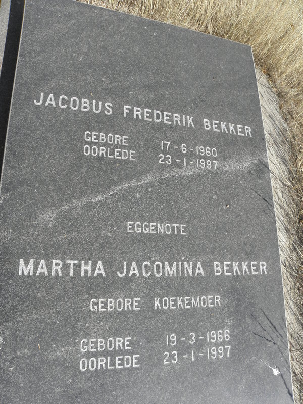 BEKKER Jacobus Frederik 1960-1997 &amp; Martha Jacomina KOEKEMOER 1966-1997