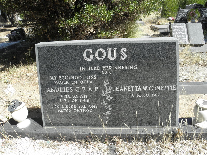 GOUS Andries C.E.A.F. 1912-1988 &amp; Jeanetta W.C. 1917-