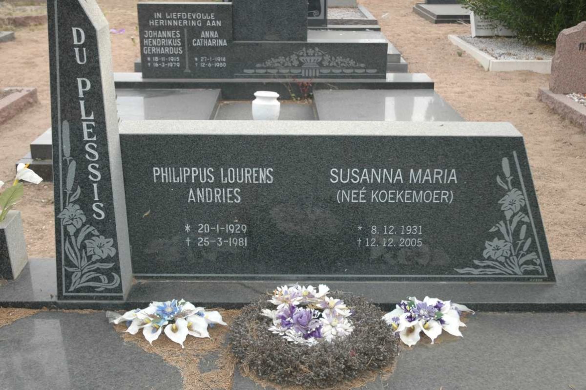 PLESSIS Philippus Lourens Andries, du 1929-1981 &amp; Susanna Maria KOEKEMOER 1931-2005
