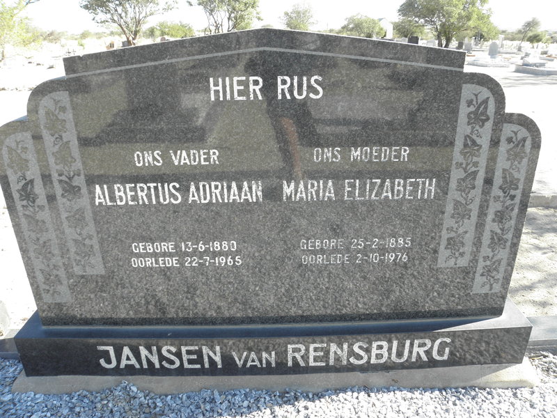 RENSBURG Albertus Adriaan, Jansen van 1880-1965 &amp; Maria Elizabeth 1885-1976