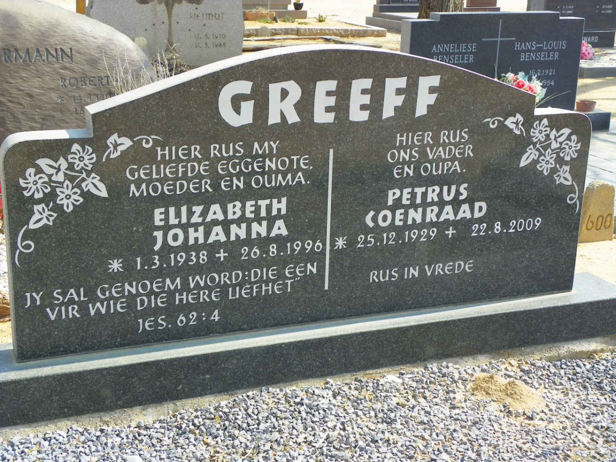GREEFF Petrus Coenraad 1929-2009 &amp; Elizabeth Johanna 1938-1996