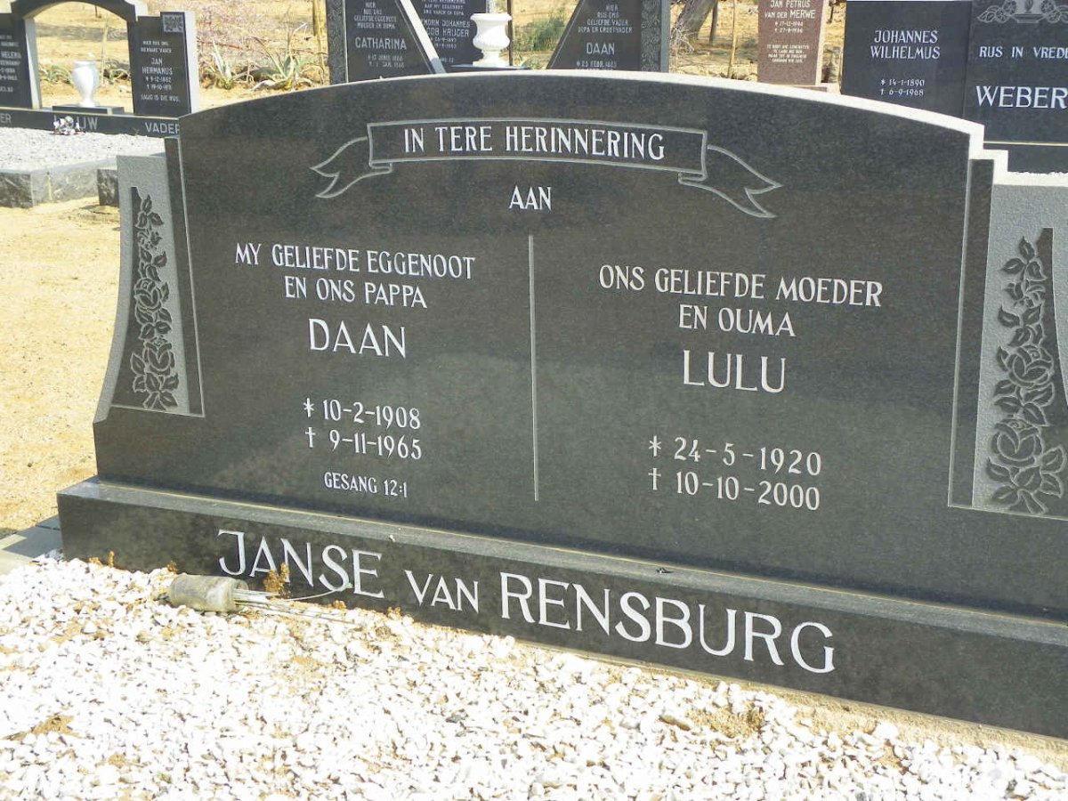 RENSBURG Daan, Janse van 1908-1965 &amp; Lulu 1920-2000