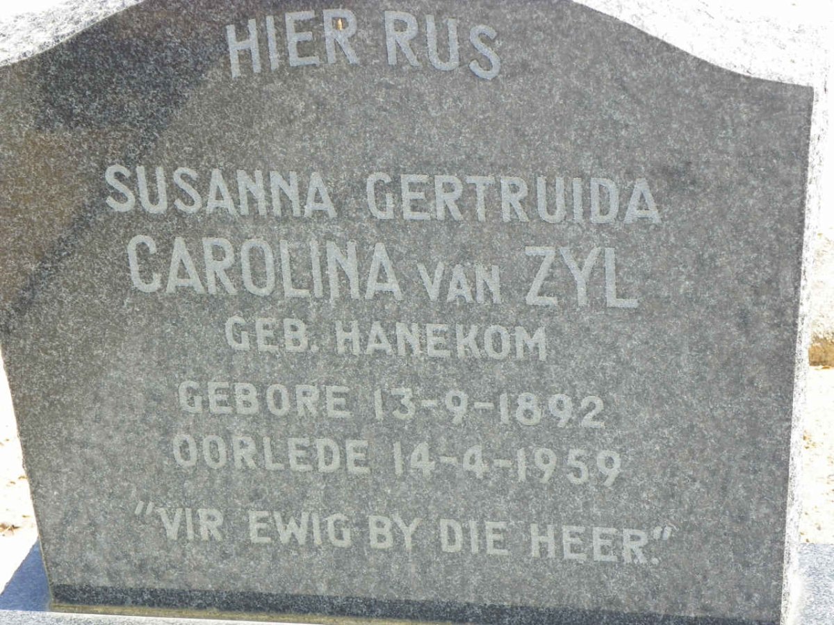 ZYL Susanna Gertruida Carolina, van nee HANEKOM 1892-1959