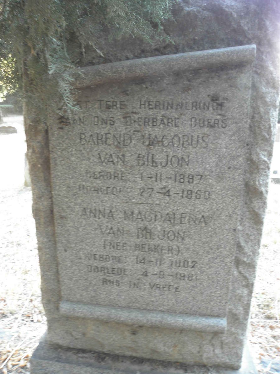 BILJON Barend Jacobus, van 1887-1950 &amp; Anna Magdalena BEKKER 1802-1981